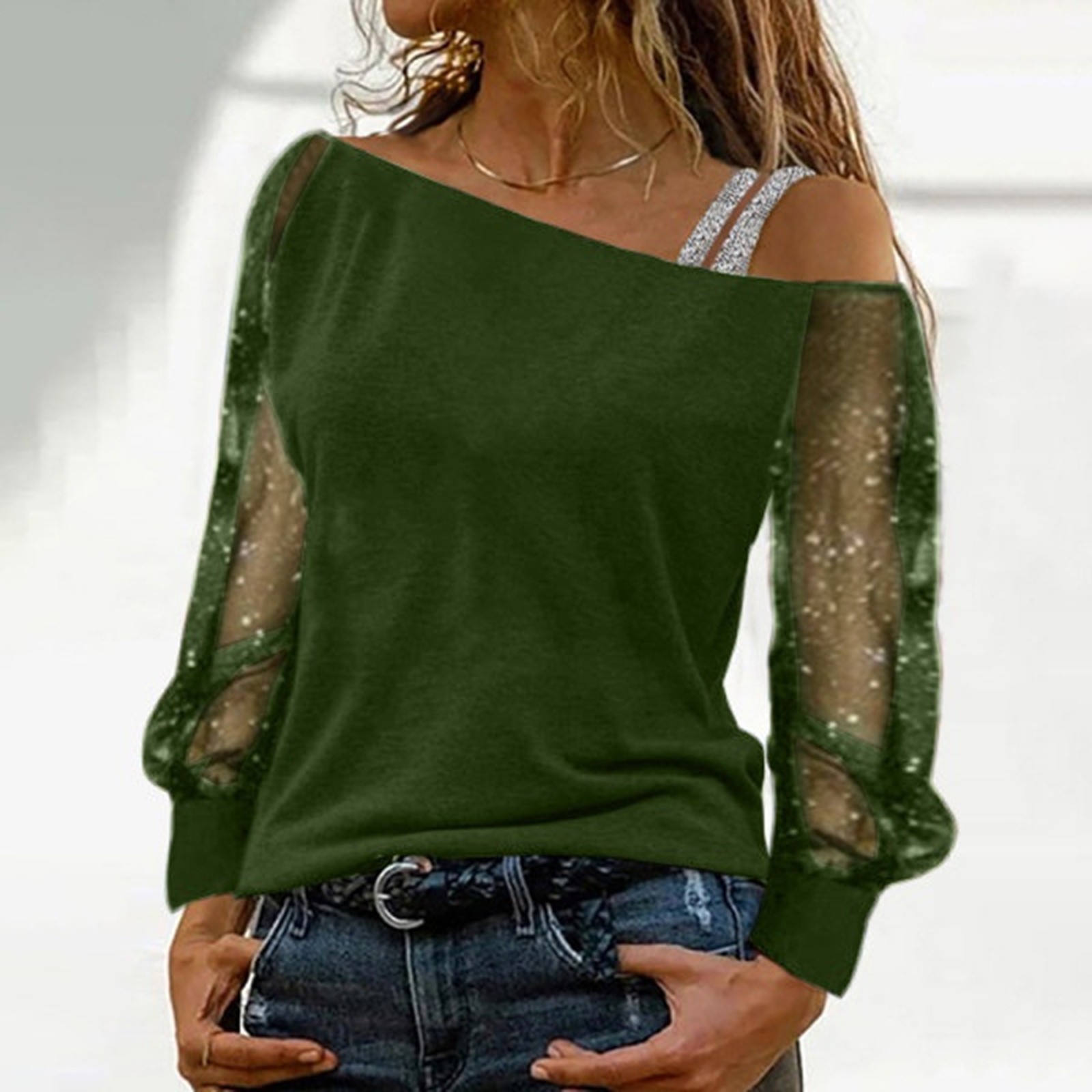 thumbnail image 2 of Top sexy de manga larga con hombros descubiertos para mujer - Diseño con lentejuelas y pedrería - Blusa informal para fiestas de otoño/invierno (S-XXL), 2 of 8